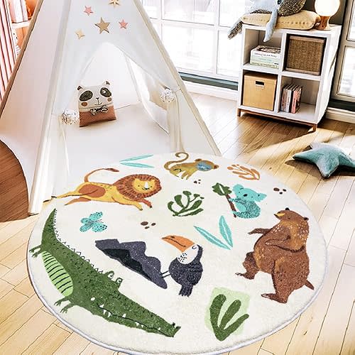 WREWING Round Rug 3.3ft, Cute Animals Large Non Slip Super Soft Plush Area Rug for Kids Room Playroom Nursery Bedroom, Educational Washable Circular Floor Mat for Home Room Decorative (Zoo)