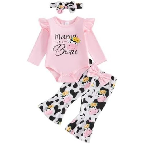 Baby Cowgirl Outfit Cow Print Frill Long Sleeve Romper Flare Pants Headband Set Infant Girl Western Clothes