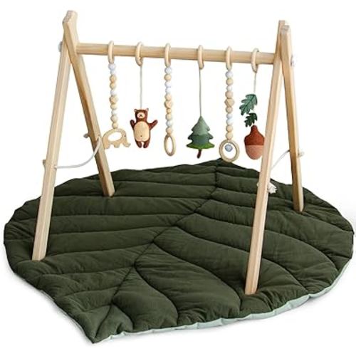 Razee Wooden Baby Play Gym Activity Mat, Leaf Shaped Play Mat Baby Gym with 6 Hanging Sensory Toys Foldable Baby Gym Newborn Infant Baby Gift