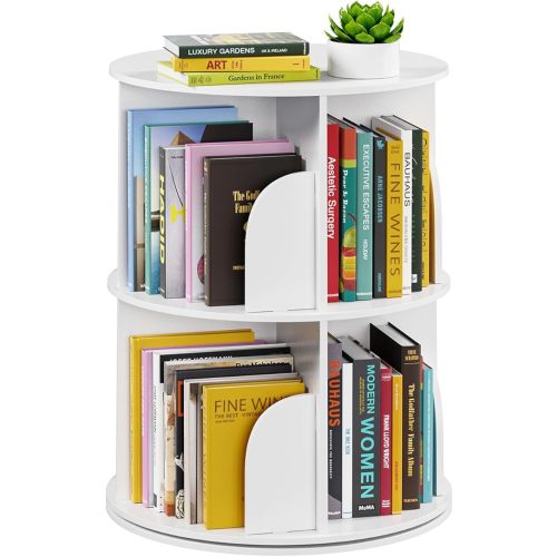 SpaceAid 2 Tier Rotating Bookshelf Tower, Spinning Bookcase Lazy Susan, Revolving 360 Book Shelf Storage Round Carousel, Vertical Rotate Turning Spiral Corner Organizer, White