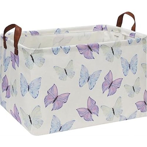 Rectangle Storage Basket with Handles, Collapsible Toys Bin, Books Box,Gift Basket(Blue & Purple Butterfly)