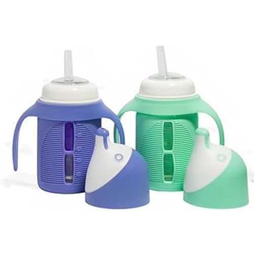 The Minis - Set of 2 - Glass Sippy Cup for Toddlers - 5oz | Spill-Proof | Silicone Straw | Mint Green & Indigo Purple | Liquids Never Touch Plastic