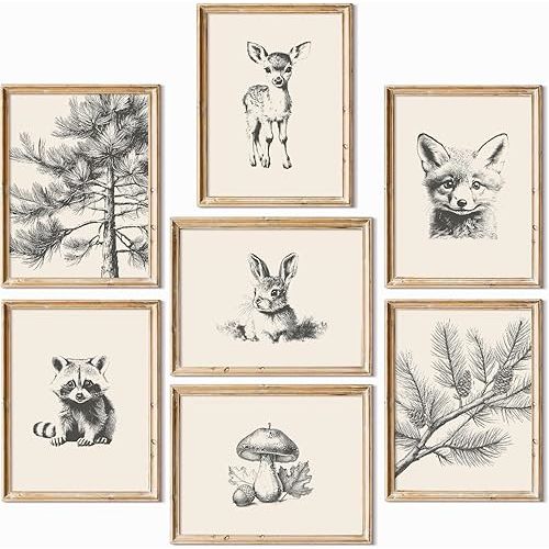 Nursery Wall Art Woodland Animal Canvas Wall Decor Baby Room Pictures Forest Animal Prints Kids Wall Art Pine Tree Poster Nature Vintage Artwork Deer Fox Painting for Bedroom 12x16x7 Inch Unframed