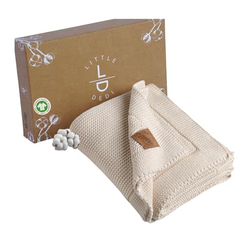 Little Dedi 100% Organic Cotton Baby Knitted Blanket with Gift Box - Soft Toddler, Crib, Stroller Blanket - Neutral Swaddle and Receiving Blanket for Newborns, 30"x40", Color Earth Ivory