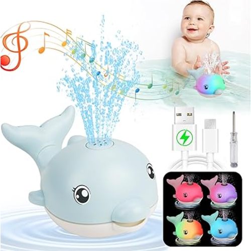 2024 Upgraded Bath Toys, Rechargeable Baby Bath Toys, Dolphin Spray Water Light Up Musical Toys 6-12 12-18 Months, Sprinkler Water Pool Bathtub Toys for Toddlers 1-3 2-4 Boys Girls Infant Kids - Blue