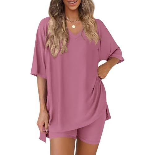 PRETTYGARDEN 2 Piece Sets for Women Summer 2026 Lounge Short Set Spring Matching Biker Shorts V Neck Oversized Shirt Clothing