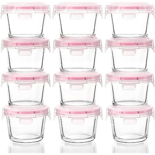 M MCIRCO [12-Pack, 5oz] Small Glass Food Storage Containers, Small Glass Containers with Lids, Small Glass Jars for Snacks, Dips, Sauces, Freezer, Microwave & Dishwasher Friendly, Pink