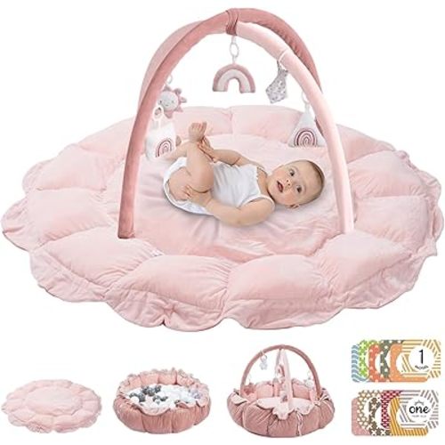 HAN-MM 5-in-1 Convertible Baby Play Gym with 6 Toys, Tummy Time Mat for Sensory Development, Baby Activity Center from Newborn to Toddler, Ball Pit, Cat & Dog Bed, Soft Plush Pet Bed, Pink