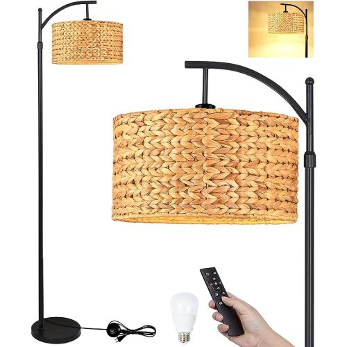 Floor Lamp for Living Room Bedroom Farmhouse Arc Rattan Boho Standing Lamp with Remote Dimmable Black Wicker Bamboo Lamp Shade Floor Light Adjustable Tall Lamp Industrial Floor Lamps Bohemian - Floor Lamp-1