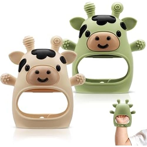 TOHIBEE 2 Packs Baby Teething Toys for 0-6 6-12 Months, Food Grade Silicone Adjustable Cow Teething Mitten, Chew Teether Toys for Teething Pain Relief, Baby and New Born Essentials, Green & Beige