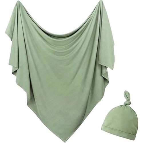 Newborn Swaddle Blanket with Hat Set Baby Swaddle Set Hospital Receiving Blankets for Girls Boys(Olive,35"*35")
