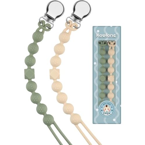 Silicone Pacifier Clip for Boys Girls Binky Clips Chain Leash Holder Straps Soft Flexible with Texture Baby Shower Birthday Christmas(Moss Green,Beige)