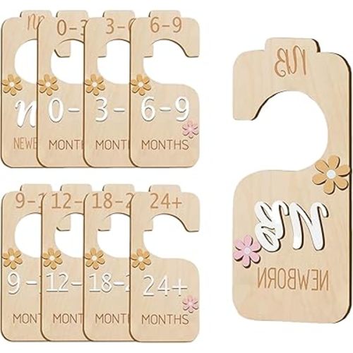 Baby Closet Divider - Double-Sided Wooden Baby Wardrobe Baby Closet Organizer,Daisy Design Nursery Decor Clothes Hanger Dividers for Sorting 8 Sizes from Newborn to 24 Months