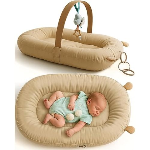 SplashEZ Baby Lounger Pillow for Newborn, Ergonomic Baby Nest & Play Gym for Newborn, 100% Organic Cotton, Breathable, Lightweight & Portable 3D Mesh Pillow for Awake Time (Toys NOT Included), Camel