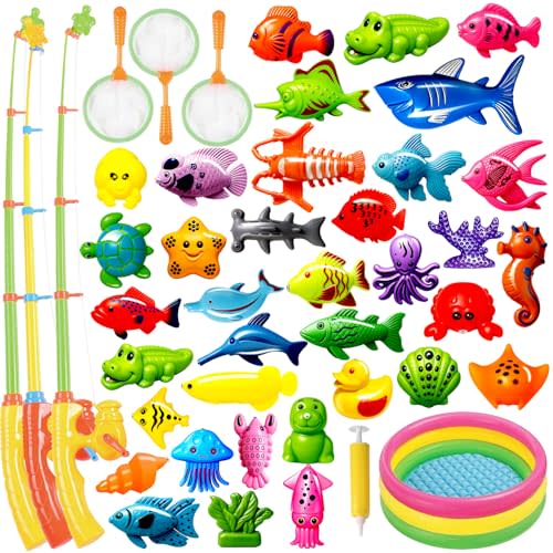 CozyBomB Magnetic Fishing Toys Game Set for Kids | Water Table Bathtub Kiddie Pool Party & Pole Rod Net, Plastic Floating Fish Toddler Color Ocean Sea Animals Birthday Age 3 4 5 6 Year