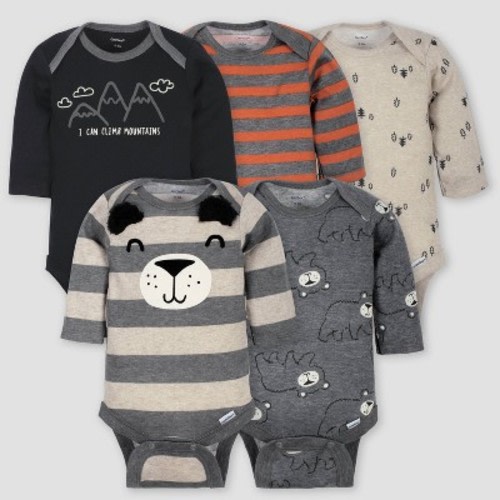 Gerber Baby Boys' 5pk Long Sleeve Bear Bodysuits - Gray/Light Brown, Size: 3-6M