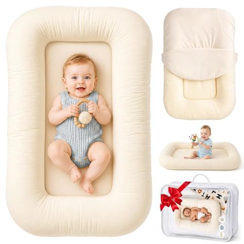 Infant Support Cushion & Baby Support Cushion for Newborn 0-24 Months, Breathable Cotton Pad, Supervised Use, Portable Infant Essentials for Travel and Home, Light Beige (Cover Included