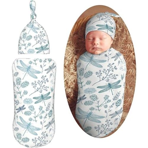 Blue Dragonfly Newborn Swaddle Blankets Hat Sets Soft Baby Receiving Blanket Swaddle Sack for Baby Shower Infant Boy Girl Gift