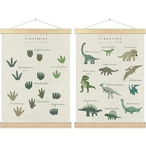 BCUANGD Dinosaur Dino Wall Decor Set of 2 - Baby Toddler Boys Room Wall Art Poster Hanger with Wood Frames, Inspirational Wall Hanging Canvas Decor for Kids Room Playroom Nursery Bedroom, 12x16 Inches