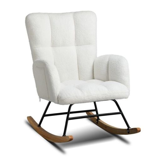 Comhoma Modern Nursery Rocking Chair, Teddy Upholstered Glider Accent Chair With Side Pockets, High Backrest, White