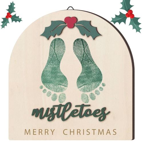 Baby's First DIY Christmas Footprint Art Wooden Mistletoe Craft Milestone Card Christmas Rustic Hanging Ornament Nursery Footprint Decorative for Baby Shower Newborn Photoshoot Prop(Classic)