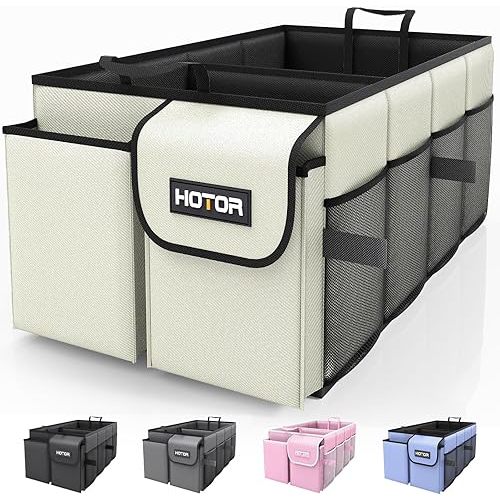 HOTOR Trunk Organizer for Car - Car Organizer, Foldable Trunk organizer for SUVs & Sedans, Sturdy Car Organization for Car Accessories, Tools, Sundries, Tan, 2 Compartments, 21.3"×12.6"×10.6"