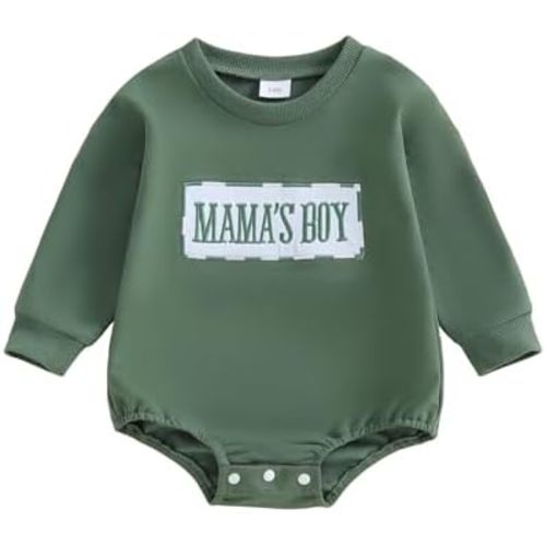 KMBANGI Mama's Boy Newborn Baby Boy Clothes Long Sleeve Letters Embroidered Sweatshirt Romper Bubble Onesie Fall Outfit