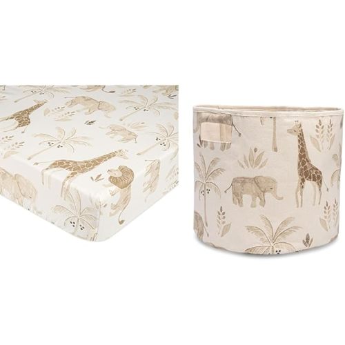 Crane Baby Soft Cotton Crib Sheet, Storage Bin, Safari Animal Print, 28”w x 52”h x 9”d - Safari Animal + Storage Bin