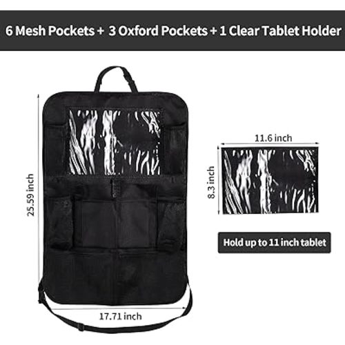 Ecurfu Backseat Car Organizer, Back Seat Protectors Kick Mats, Car Storage Bag with iPad Tablet Holder + 9 Storage Pockets for Kids Toddlers, Travel Accessories (1PC)