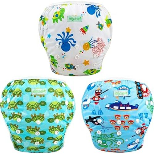 wegreeco Reusable Swim Diapers,Baby & Toddler Snap One Size Adjustable Reusable Baby Swim Diaper (Diving,Ocean,Turtle,Small,3 Pack)