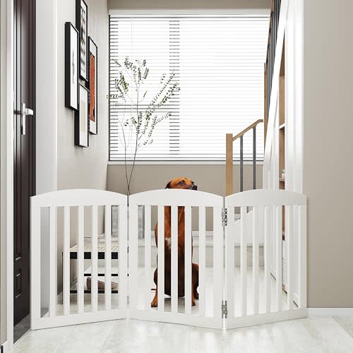 SPIRICH Dog Gate Indoor, Dog Gates for Doorways, Stairs, The House, Wooden Freestanding Foldable Pet Gate, Extra Wide Step Over Puppy Gate, 3 Panels, White