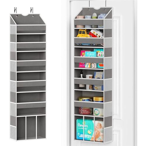 Over The Door Organizer Hanging - 6 Shelf Over Door Organizers with 6 Clear Front & 12 Side Pockets - Swing-proof 50LB Load Behind Door Storage for Closet Bedroom Bathroom Nursery Baby Essentials