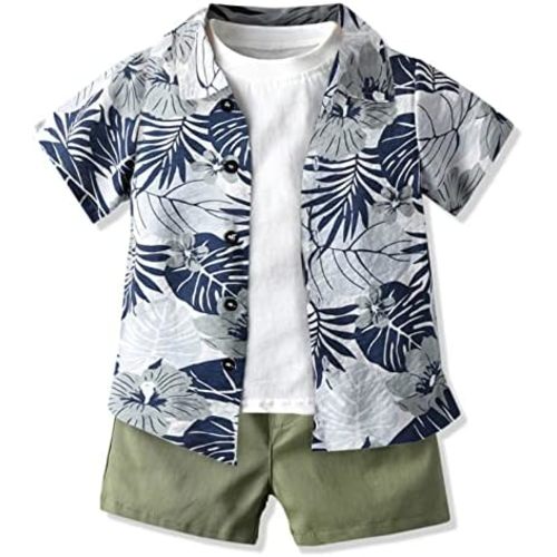 SANGTREE Boys Summer Short Hawaiian Outfit, Button Down Shirt + White T-shirt + Shorts, 3 Months - 9 Years