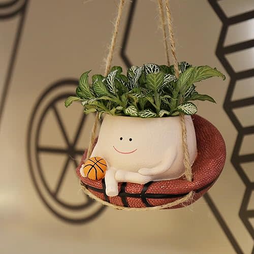 NINIPAPA Face Planter Smiley Cute Hanging Flower Pots with Drainage Hole, Funny Whimsical Plant Pot for Indoor Outdoor Garden Small Succulent Decor Unique Basketball Lover Gifts