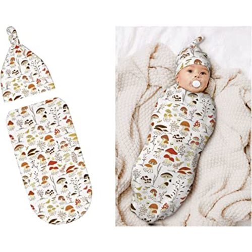 Mushroom Decor Botanical Newborn Swaddle Blankets Hat Sets Soft Stretchy Baby Stuff Receiving Blanket Gifts for Infant Baby Boy Girl