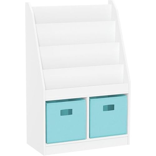 RiverRidge Kids Bookshelf & Toy Storage Organizer with 4 Book Racks, 2 Cubbies and 2 Aqua Blue Storage Bins - Versatile Book Nook Toy Tidy