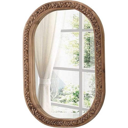 Rustic Oval Rattan Mirrors for Wall 16 X 24 Inch, Hanging Wood Frame Mirrors for Bedroom, Handmade Unique Coastal Mirror Wall Decorative for Bathroom Entryway, Horizontal or Vertical