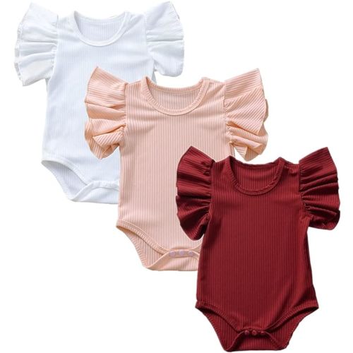 Baby Girls' Short-Sleeve Bodysuit Funny Ruffles Flower Jumpsuit Outfit for Infant Toddlers 3-Pack