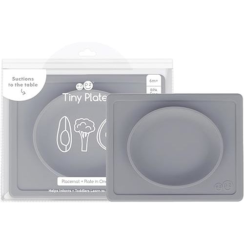 ezpz Tiny Plate - 6 Months+ (Gray) - Silicone Suction Plate for Baby with Built-in Placemat - Baby Led Weaning Supplies - Infant Plate That Fits on Most Highchair Trays