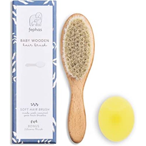 Fephas Wooden Baby Goat Hair Brush| Hairbrush for Newborn and Toddler Girl/Boy Features Soft Goat Hair and a Silicone Brush for Cradle Cap| Ideal for Baby Registry