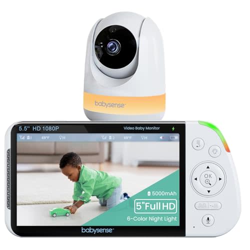 Babysense 5.5” 1080p Full HD Split-Screen Baby Monitor, Video Baby Monitor with Camera and Audio, PTZ Camera, RGB Night Light, 1000ft Range, Two-Way Audio, 4X Zoom, 5000mAh Battery