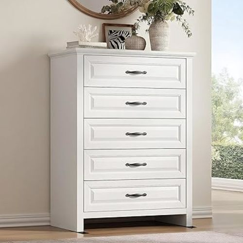 Amada Farmhouse 5 Drawer Dresser for Bedroom with Wood Drawers, Supports up to 22 lbs per Drawer, Anti-Tip Design for Safety, 5 Dresser Drawer Unit for Bedroom, Hallway, White