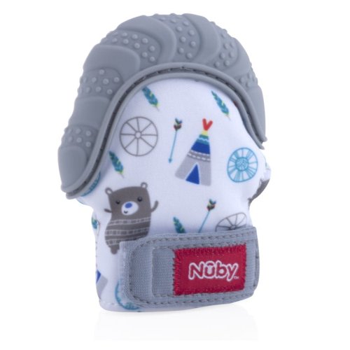 Nuby Baby Teething Mitten with Hygienic Travel Bag, Gray Bear