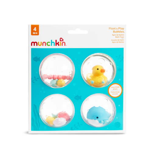 Munchkin Float & Play Bubbles Baby Bath Toy 4 Pack Unisex with Rattles, Spins, Shine