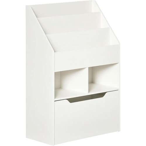 HOMCOM Kids Bookcase Multi-Shelf Rack Organizer with Storage Drawer for Books, Playroom, White