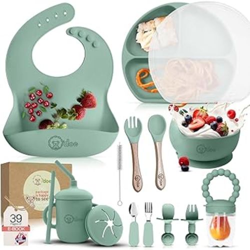O'doe 17-Piece BPA-Free Silicone Baby Feeding Set | Thick & Soft Suction Plates, Baby Bowls, Wooden Fork & Spoon, and More | Make Mealtime Fun and Easy for Your Little One (Green, V2)