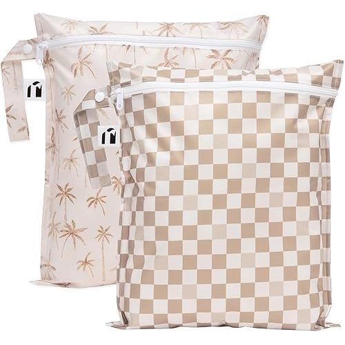 Bumkins Roamio - Waterproof Wet Bag - For Baby, Travel, Swim Suit, Cloth Diapers, Pump Parts, Pool, Gym, Toiletry, Strap to Stroller - Reusable & Easy to Clean - 2pk - Beige Check