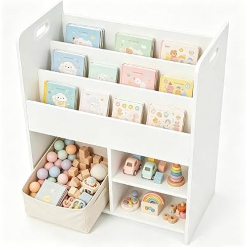 VECELO Kids Bookshelf Toddler Front Facing Book Rack, Wooden Kids Book Storage Organizer with Toy Cubby & Portable Carry Handles, White Children Bookcase for Nursery Bedroom Playroom
