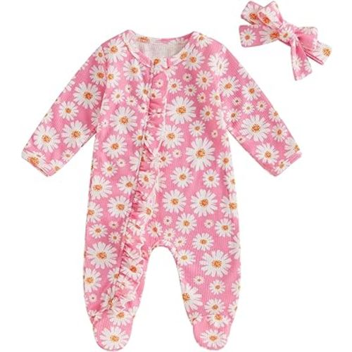 Newborn Outfits Baby Girl Floral Print Ruffle Romper Jumpsuit Long Sleeve Zipper Bodysuit Fall Winter Clothes