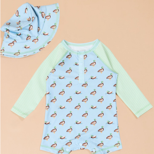 Duck Rash Guard Romper with Hat by Mud Pie in Blue | Tullabee